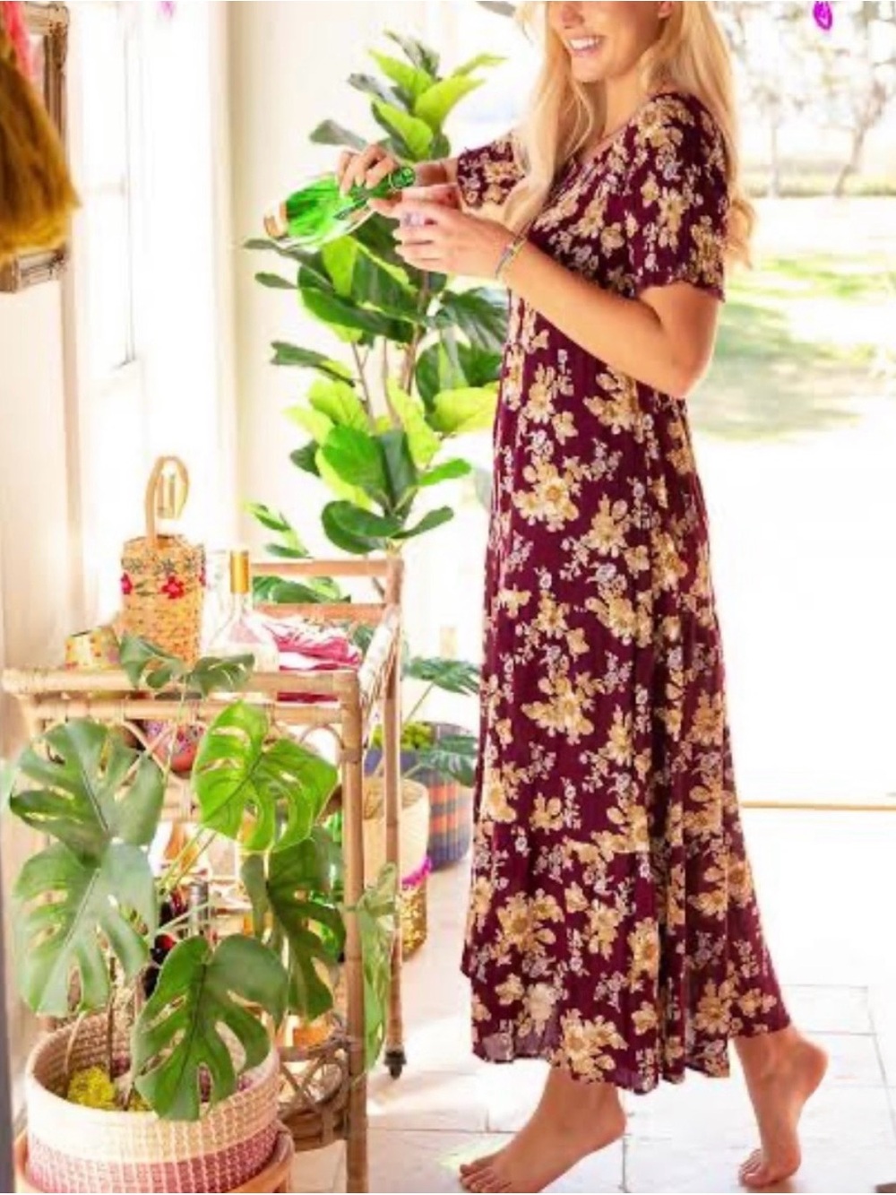 Natural Life Berkley Maxi Dress M Burgundy Floral Boho Smocked Rayon Cottagecore